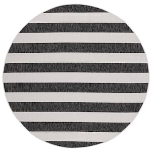 Courtyard Ivory/Black 7 ft. Round Striped Indoor/Outdoor Area Rug