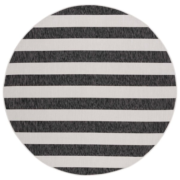 SAFAVIEH Courtyard Ivory/Black 7 ft. Round Striped Indoor/Outdoor Area Rug