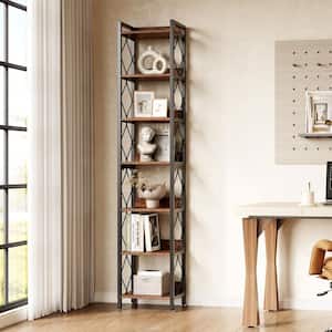 79 in. Tall Narrow Rustic Brown Wood 7-Shelf Etagere Bookcase Bookshelf with Sturdy Metal Frame for Living Room, Bedroom