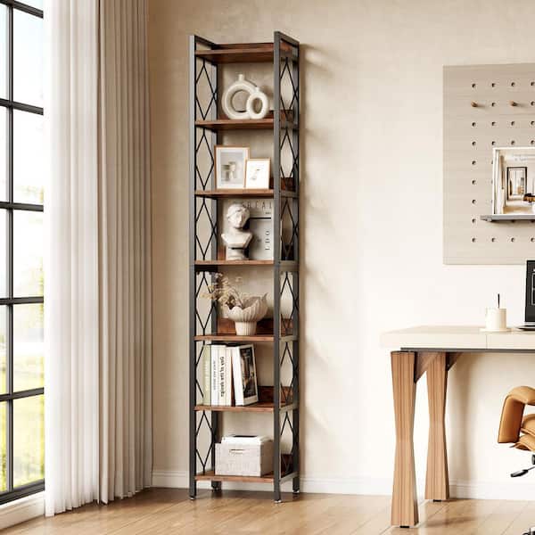 BYBLIGHT 79 in. Tall Narrow Rustic Brown Wood 7-Shelf Etagere Bookcase Bookshelf with Sturdy Metal Frame for Living Room, Bedroom