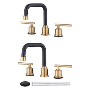 8 in. Widespread Double Handle Bathroom Faucet 3-Hole with Pop Up Drain and cUPC Hose in Black and Gold (2-Packs)