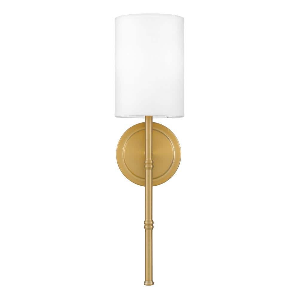 Dorsett Aged Brass Dimmable Wall Sconce with White Fabric Shade