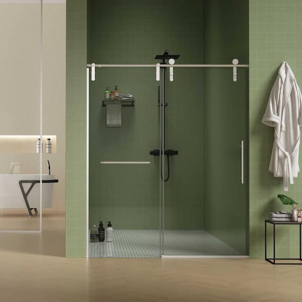 60 in. W x 76 in. H Sliding Aluminum Frameless Shower Door in Brushed Nickel with Clear Easy Clean Coat Tempered Glass