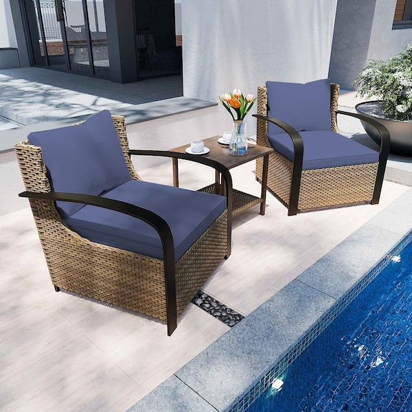 INMITOM 3-Piece Patio Wicker Conversation Set with Blue Cushions and Side Table