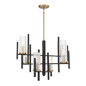 Midland 28 in. W x 21 in. H 6-Light Matte Black with Warm Brass Accents Chandelier with Clear Ribbed Glass Shades