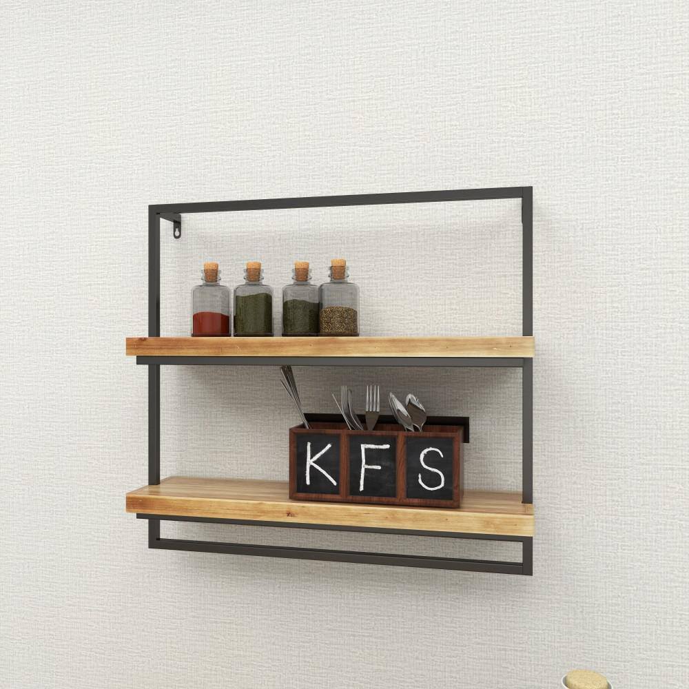 Brown 26" Floating Wood and Metal Wall Shelf