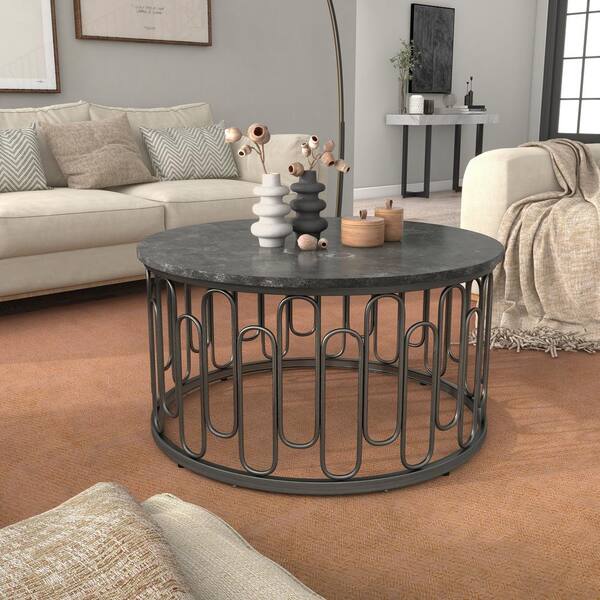 Furniture of America Farley 36 in Black Round Stone Coffee Table With Metal Frame 005L 4001C