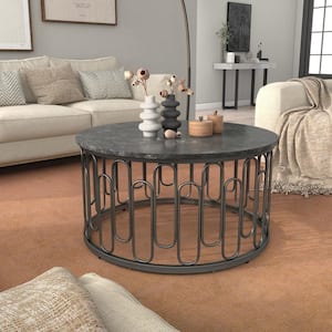 Farley 36 in Black Round Stone Coffee Table With Metal Frame