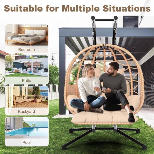 SEEUTEK Outdoor Brown Double Egg Chair Hanging Basket Chair Lounge Chair Rattan Wicker Swing Chair with UV Resistant Cushion BZ 1876 The Home Depot