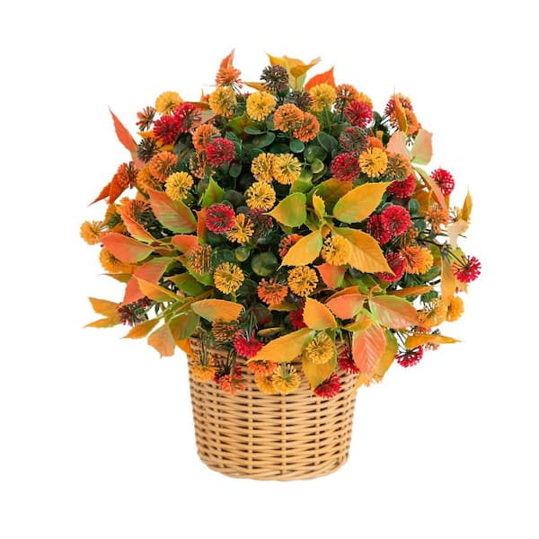 14 in. Orange UV Resistant Autumn Artificial Mixed Fall Chrysanthemum in Wicker Basket (Indoor/Outdoor)