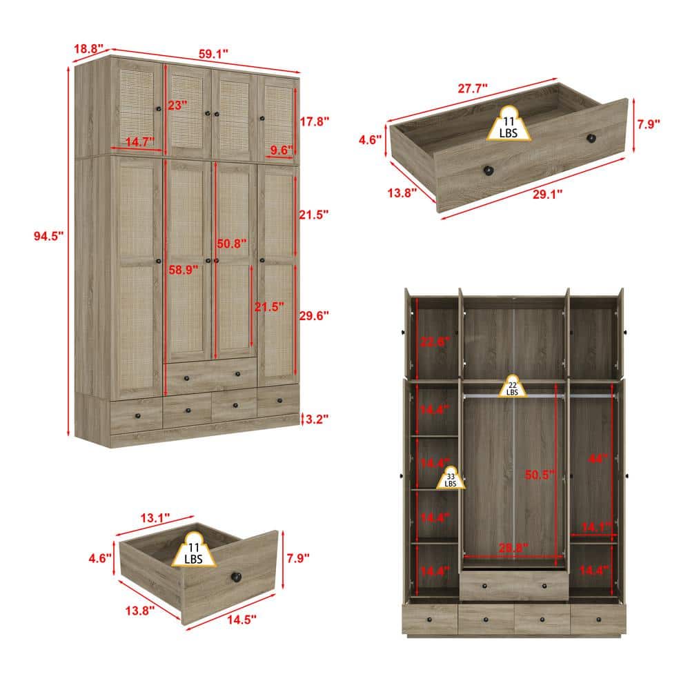 Brown Wood Grain 59 in. W Rattan Doors Wardrobe with 5-Drawers, 2-Hanging Rods, Top Cabinet (94.5 in. H x 18.8 in. D) - thumbnail 9