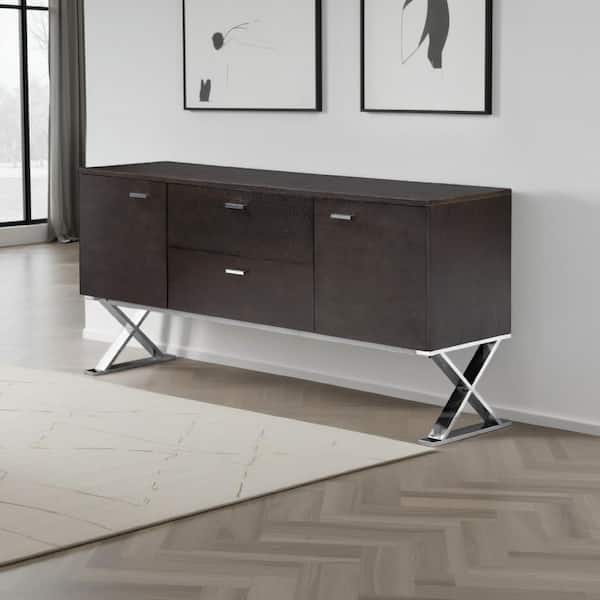 Rix Espresso Brown and Chrome Wood 69 in. Sideboard Buffet Console with X Chrome Legs