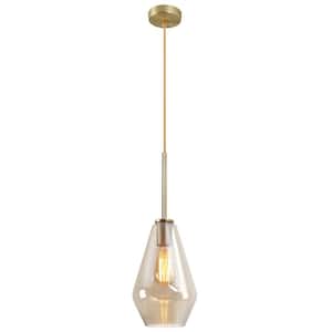 6.7 in. W x 11.2 in. H 1-Light Amber Glass Champagne Gold Pendant Light with Shade
