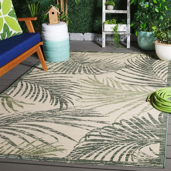 Courtyard Beige/Green 5 ft. x 8 ft. Distressed Oversized Leaves Indoor/Outdoor Area Rug