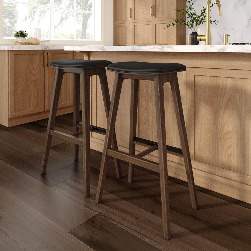 Beryl 31 in. H Walnut and Black Backless Wood Bar Stool with Upholstered Vegan Leather Seat Set of 2 price history on PriceWatchPro