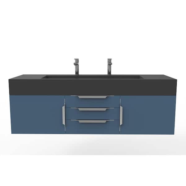 castellousa Nile 60 in. W x 19 in. D x 20 in. H Bath Vanity in Matte Blue with Chrome Trim and Black Solid Surface Top