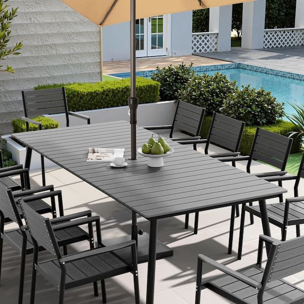 gray rectangular patio table with umbrella Rocky Creek - Square Dining Option PACKING LIST American Tables & Seating Rectangular