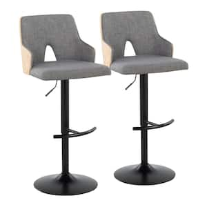 Stella 34 in. Light Grey Fabric, Natural Wood and Black Metal Adjustable Bar Stool with Rounded T Footrest (Set of 2)