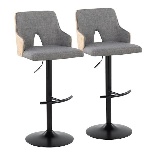 Lumisource Stella 34 in. Light Grey Fabric, Natural Wood and Black Metal Adjustable Bar Stool with Rounded T Footrest (Set of 2)