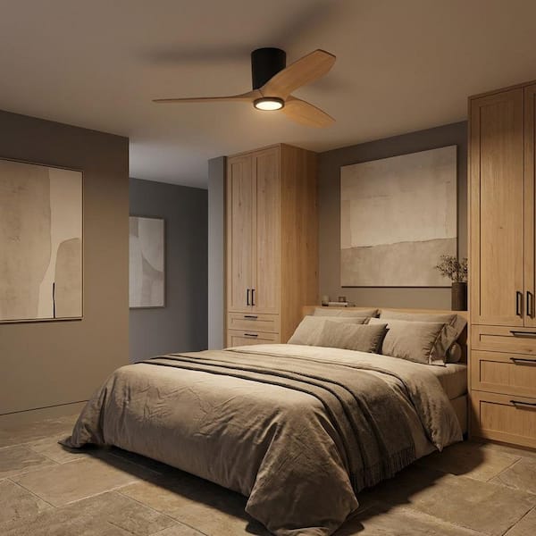 Seyra 44 in. Midnight Black/Natural Honey Hugger Standard Indoor/Outdoor Smart LED Ceiling Fan with Remote Included