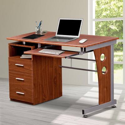 48 in. Rectangular Mahogany/Silver 3 Drawer Computer Desk with Keyboard Tray