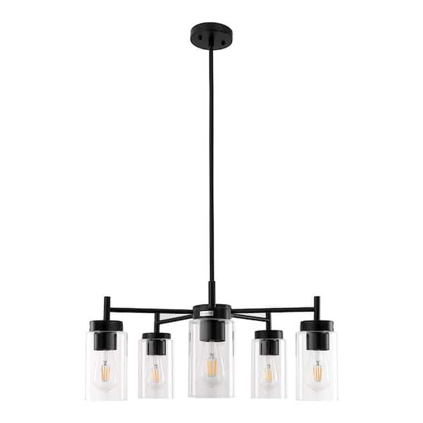 25 in. 5-Light Matte Black Chandelier with Clear Glass Shades E26 for Living Room, Dining Room, or Entryway (1-Pack)