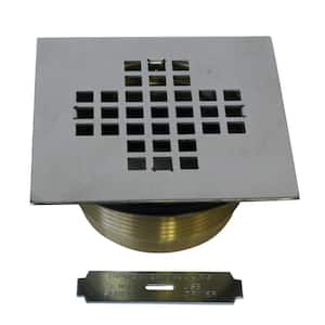 2 in. No-Caulk Brass Compression Shower Drain with 4-1/4 in. Square Grid Cover, Satin Nickel