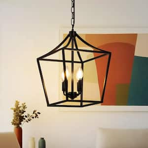 4-Light Black Wood Lantern Geometric Chandelier for Dining Room with No Bulbs Included