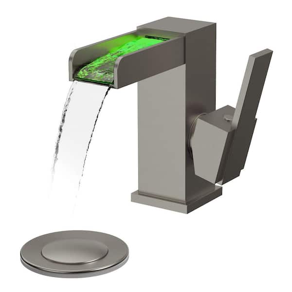 Mid Arc Single-Hole Stainless Steel Single Handle Bathroom Faucet 1.8 GPM in Brushed Nickel with LED And Pop-Up Drain