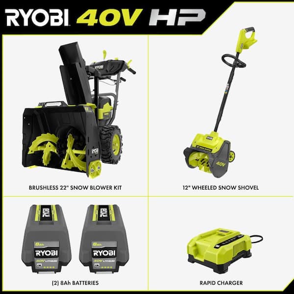 40V HP Brushless 22 in. 2-Stage Cordless Self-Propelled Snow Blower w/ 12 in. Snow Shovel, (2) 8 Ah Batteries, & Charger