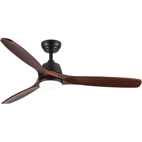 Farmhouse 52 in. Indoor Downrod Mounted Modern Black Ceiling Fans With Lights, 5 Brown Solid Wood Blades and Remote
