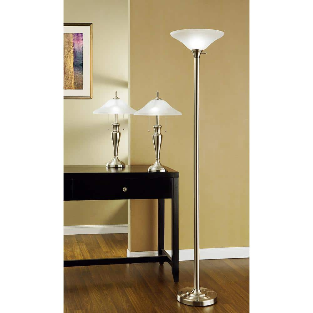 Brushed Steel Torchiere and Table Lamps Set with Glass Shades