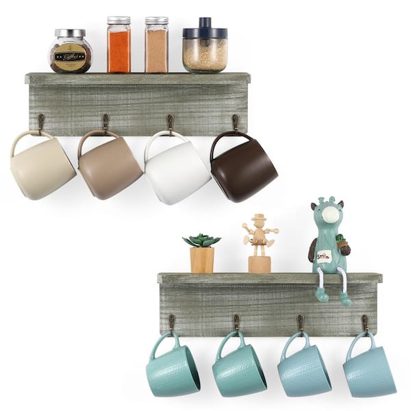 Oumilen Rustic Wall Mounted Wood ShelfOlive Green Hanging Storage Shelves with 4-Hooks (Set of 2)