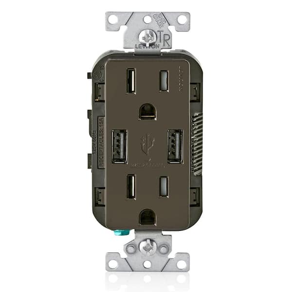 Leviton 3.6A USB Dual Type A In-Wall Charger with 15 Amp Tamper-Resistant Outlets, Brown