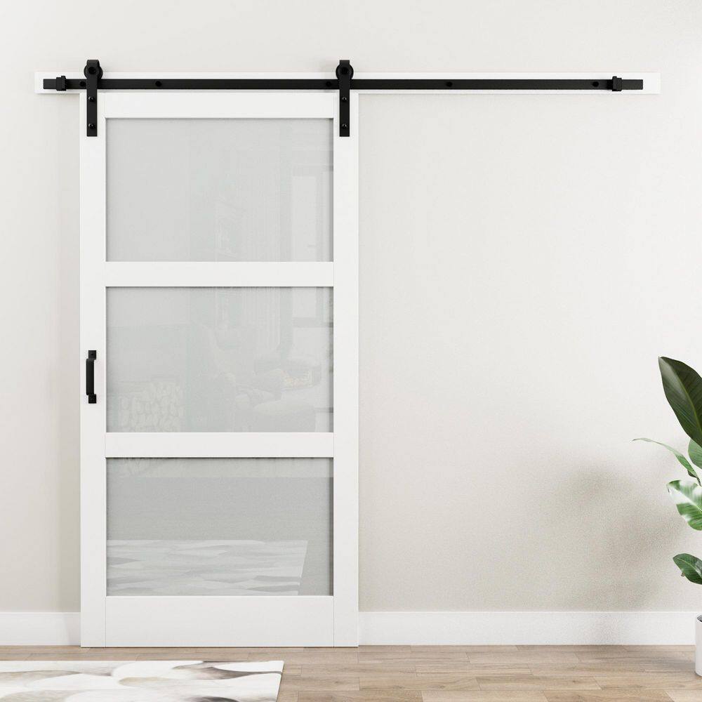 White Finished Composite MDF Sliding Barn Door with Frosted Glass Panels