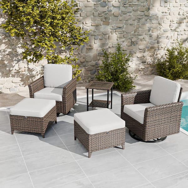 COOS BAY Brown Rattan Wicker 5-piece Outdoor Patio Conversation Set with Beige Cushions, Side table, Ottomans