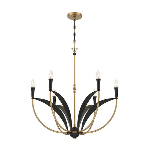 Miller 6-Light Legacy Brass and Sand Coal Black Candelabra Chandelier for Kitchen or Dining Room, No Bulbs Included