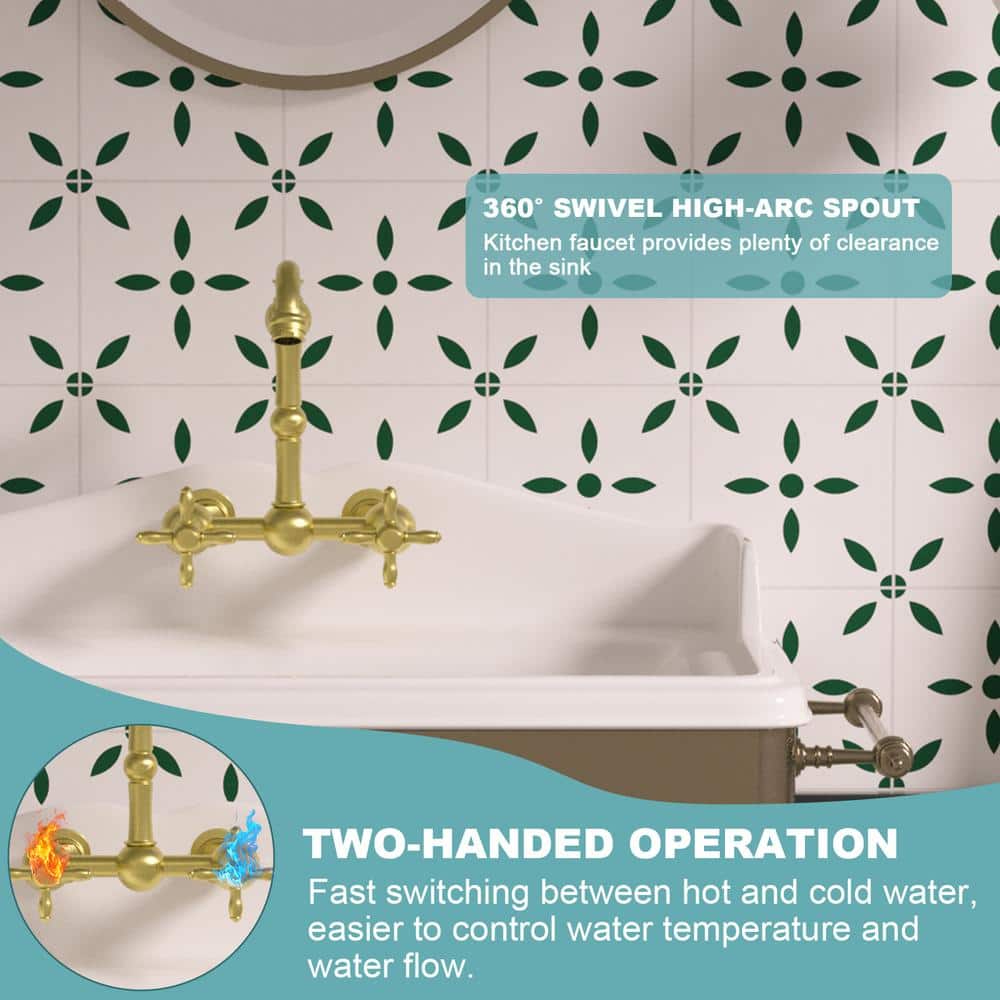 Brass Gold Wall Mount Bathroom Faucet with Dual Handles