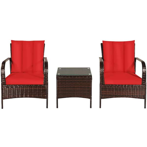 Costway Island 3-Piece Wicker Patio Conversation Set with Red Cushions