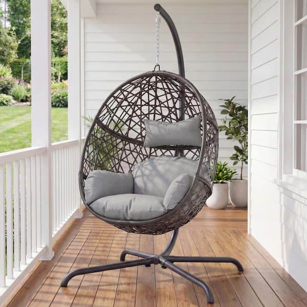 Oversized Outdoor Patio 1-Person Gray PE Wicker Hanging Egg Porch
