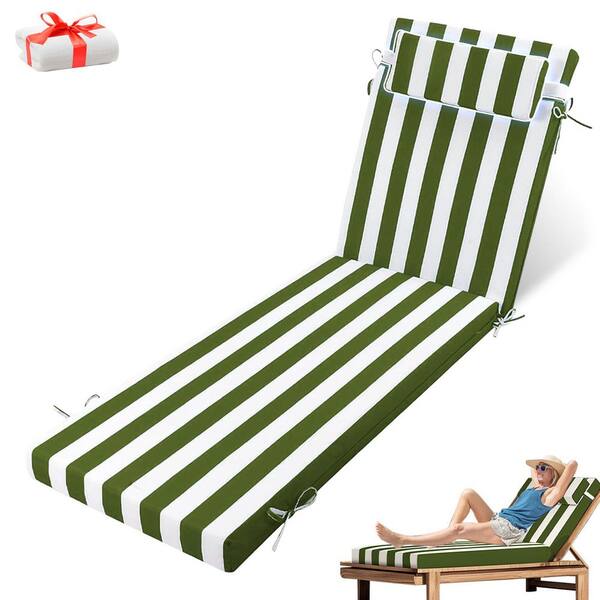 71 in. x 21 in. x 4 in. (1-Pack) Waterproof Outdoor Chaise Lounge Cushion w/a Bath Towel Grass Green and White Stripes