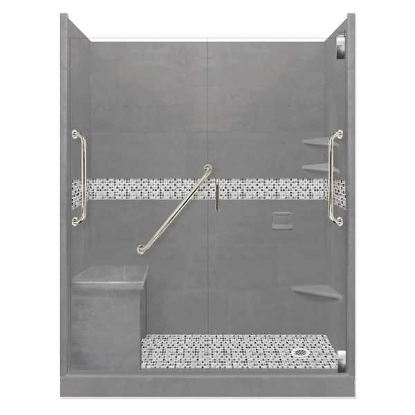American Bath Factory Del Mar Freedom Grand Hinged 32 in. x 60 in. x 80 in. Right Drain Alcove Shower Kit in Wet Cement and Satin Nickel