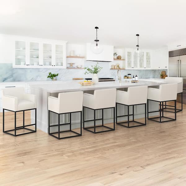 LUE BONA Luna 26 in. Beige Fabric Upholstered Counter Bar Stool with Black Metal Frame Square Counter Stool Set of 6