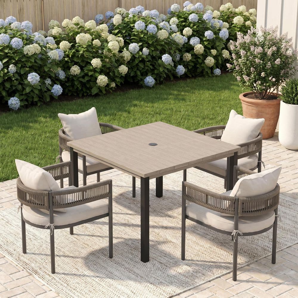 5-Piece Metal Outdoor Dining Set with 40.2'' Gray Wood-Like Square Table and 4 Gray Woven Rope Chairs with White Cushion price history on PriceWatchPro