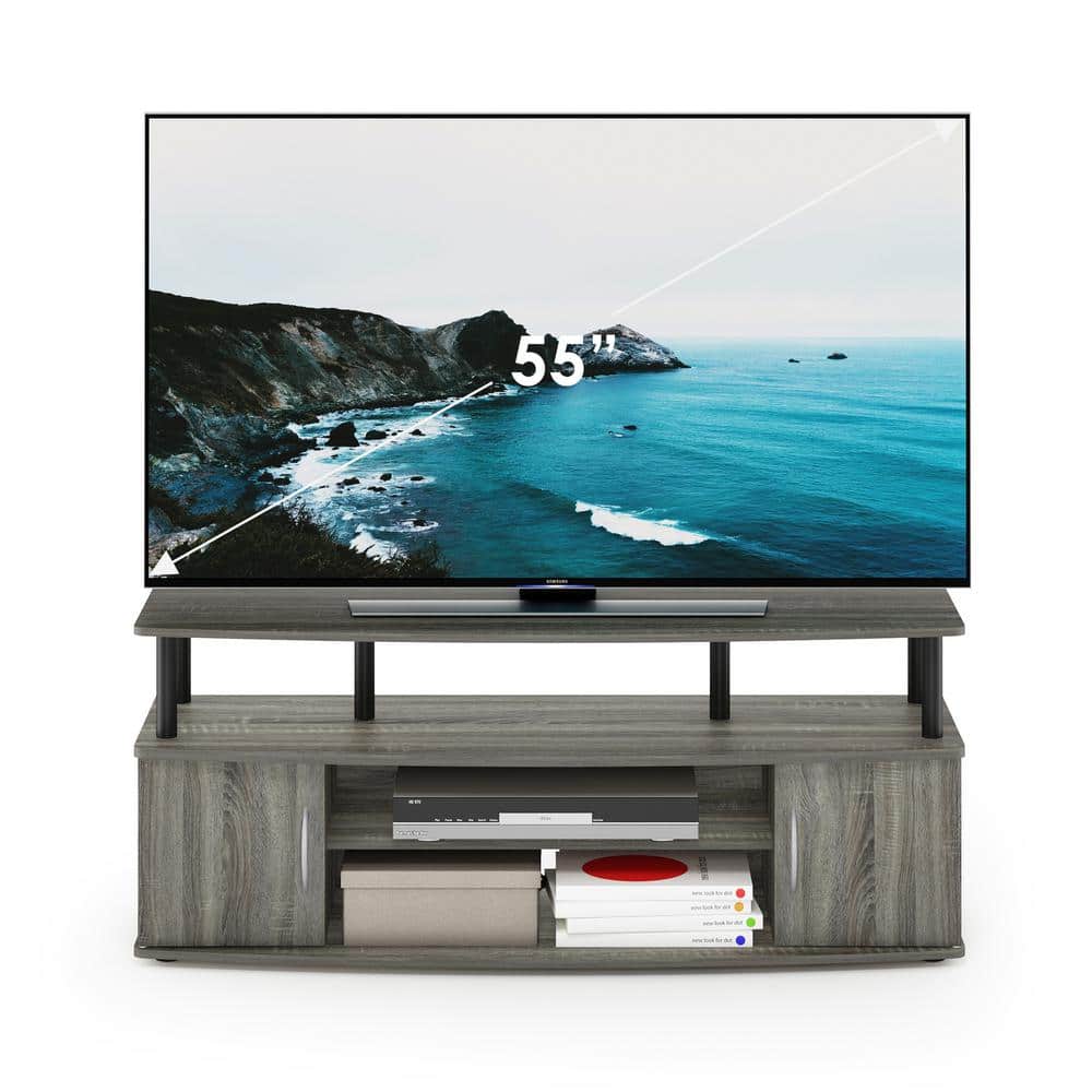 Modern French Oak Grey and Black 55" TV Stand with Open Shelving