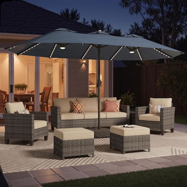 15 ft. Rectangule Outdoor Double Sided Market Patio Umbrella in Dark Blue with Base and LED Lights for Poolside Lawn