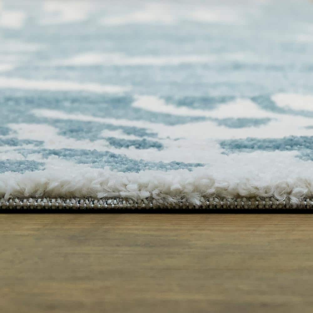 Light Blue and White Coral Print Washable Runner Rug