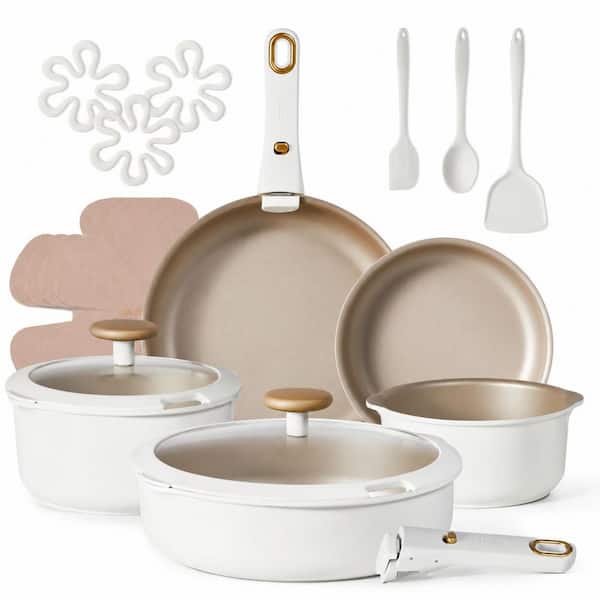 19 Piece Nonstick Cookware Set with Detachable Handle, Induction and Oven Safe in White, Stackable Design