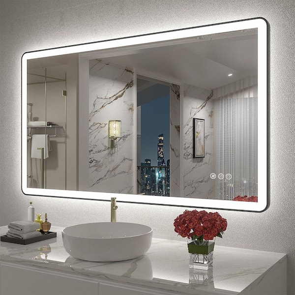 Apmir 40 in. W x 24 in. H Rectangular Framed Front and Back LED Lighted Anti-Fog Wall Bathroom Vanity Mirror in Tempered Glass