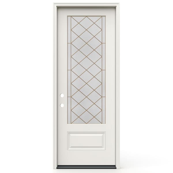 36 in. x 96 in. Right-H and 3/4 Lite Frameless Sardis Decorative Glass Primed Fiberglass Prehung Door W/ Brickmould